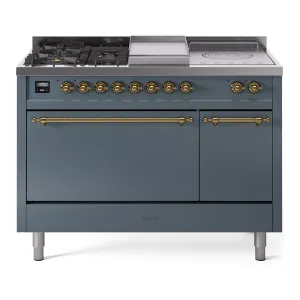 Ilve UP48FSQNMPBGGLP Nostalgie Ii 48 Inch Dual Fuel Liquid Propane Freestanding Range In Blue Grey With Brass Trim