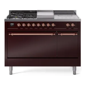 Ilve UP48FSQNMPBUPLP Nostalgie Ii 48 Inch Dual Fuel Liquid Propane Freestanding Range In Burgundy With Copper Trim
