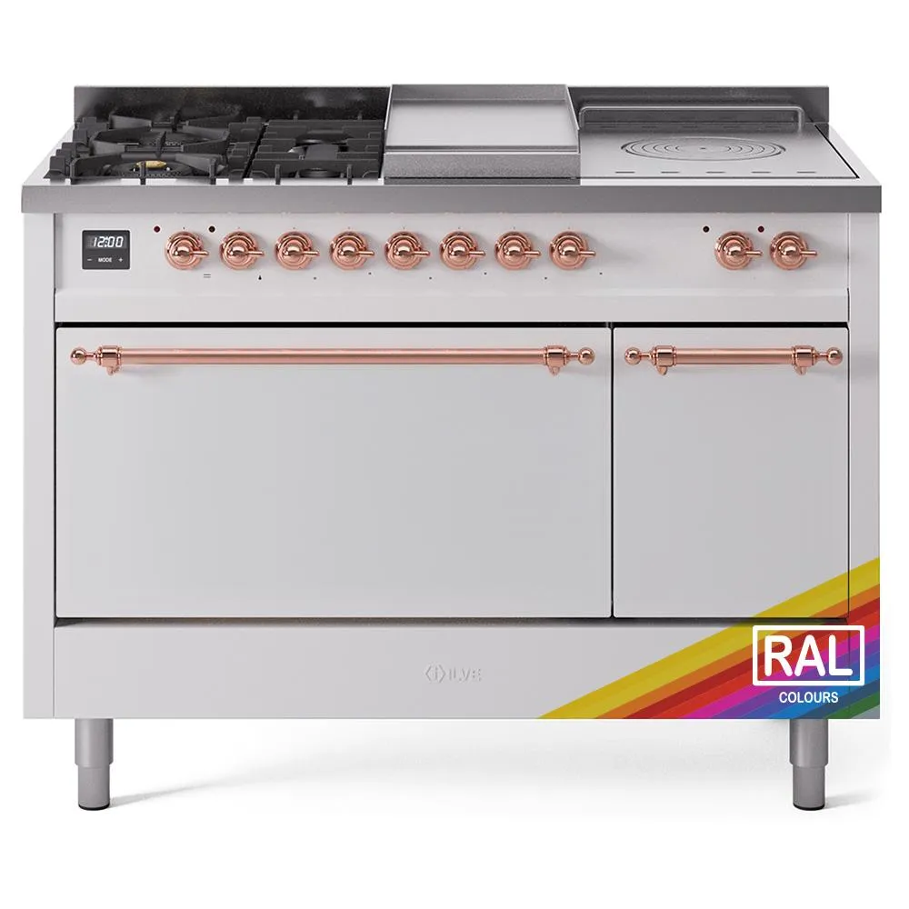 Ilve UP48FSQNMPRAP Ilve Nostalgie Ii 48 Up48Fsqnmprap Freestanding Dual Fuel Range With 5 Sealed Burners And French Top Double Oven With Solid Door In Ral Color With Copper Knobs