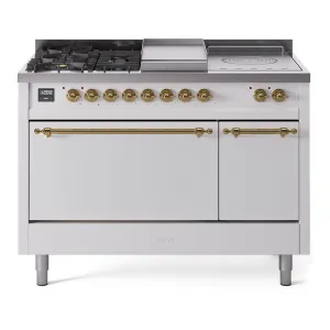 Ilve UP48FSQNMPWHG Nostalgie Ii 48 Inch Dual Fuel Natural Gas Freestanding Range In White With Brass Trim