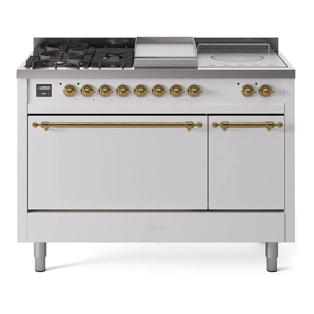 Ilve UP48FSQNMPWHG Nostalgie Ii 48 Inch Dual Fuel Natural Gas Freestanding Range In White With Brass Trim