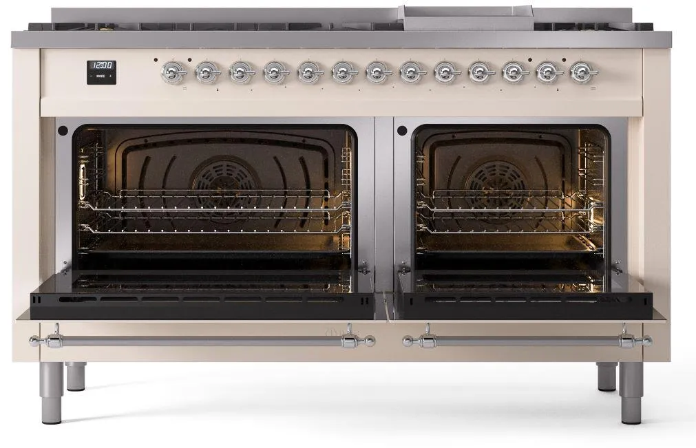 Ilve UP60FNMPAWC Nostalgie Ii 60 Inch Dual Fuel Natural Gas Freestanding Range In Antique White With Chrome Trim