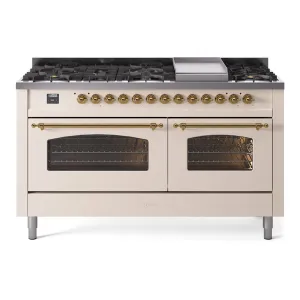 Ilve UP60FNMPAWGLP Nostalgie Ii 60 Inch Dual Fuel Liquid Propane Freestanding Range In Antique White With Brass Trim