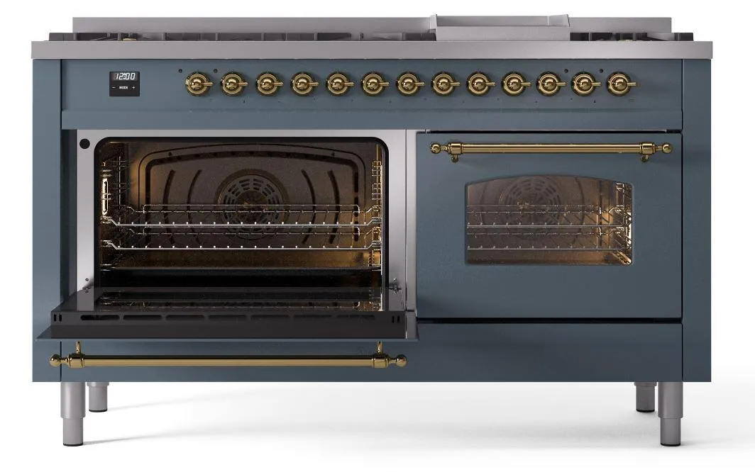 Ilve UP60FNMPBGG Nostalgie Ii 60 Inch Dual Fuel Natural Gas Freestanding Range In Blue Grey With Brass Trim