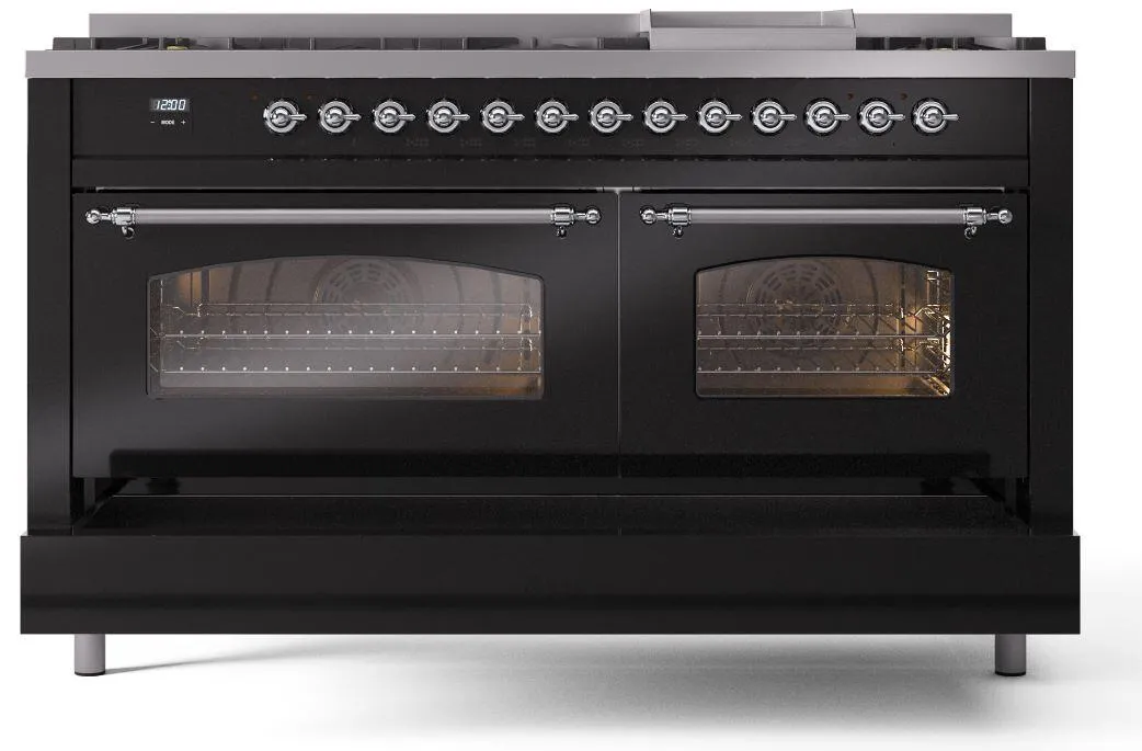 Ilve UP60FNMPBKCLP Nostalgie Ii 60 Inch Dual Fuel Liquid Propane Freestanding Range In Glossy Black With Chrome Trim