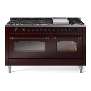Ilve UP60FNMPBUB Nostalgie Ii 60 Inch Dual Fuel Natural Gas Freestanding Range In Burgundy With Bronze Trim