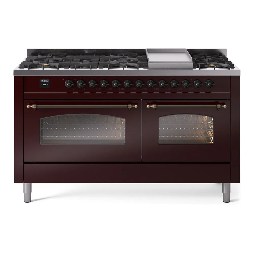 Ilve UP60FNMPBUB Nostalgie Ii 60 Inch Dual Fuel Natural Gas Freestanding Range In Burgundy With Bronze Trim