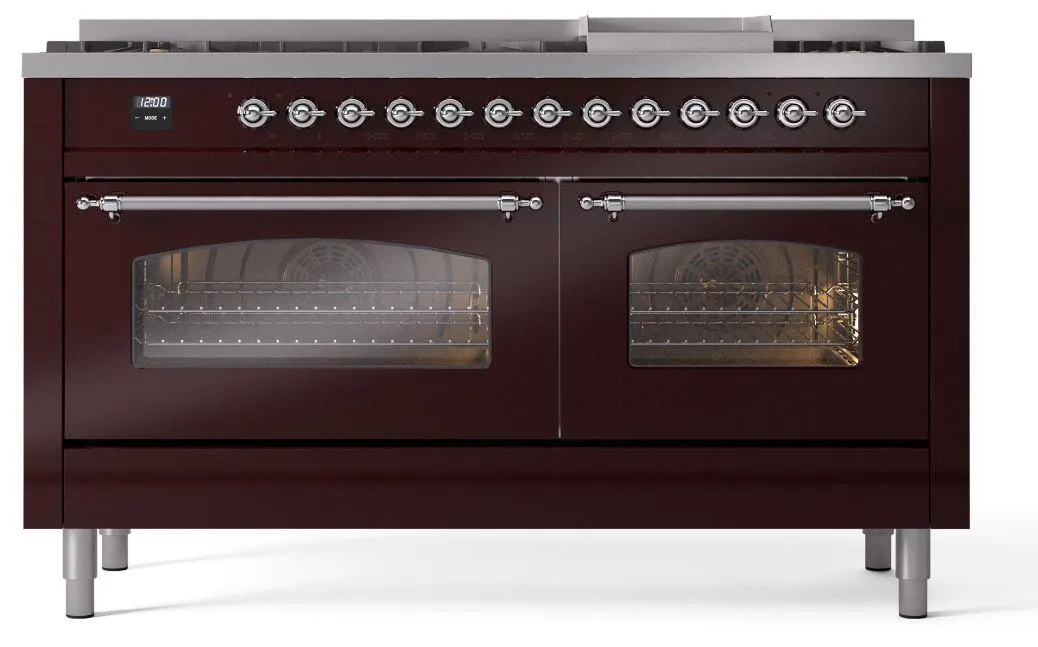 Ilve UP60FNMPBUCLP Nostalgie Ii 60 Inch Dual Fuel Liquid Propane Freestanding Range In Burgundy With Chrome Trim