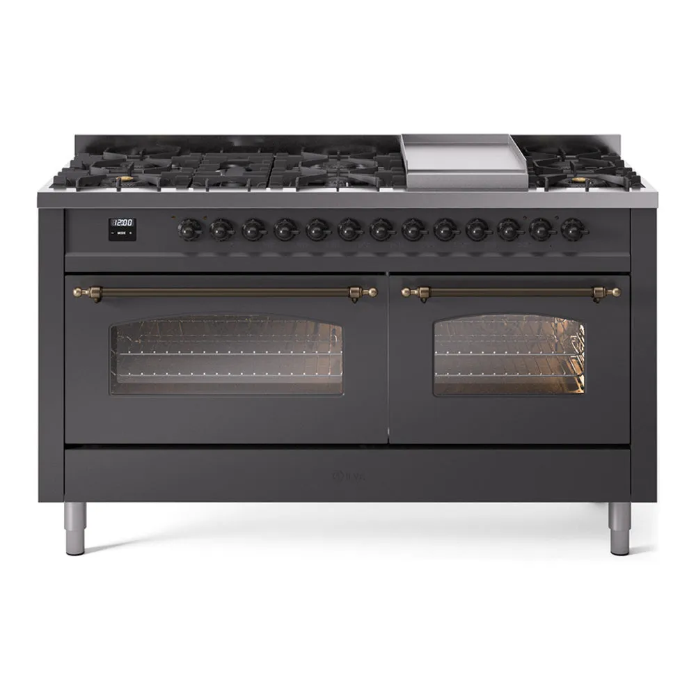 Ilve UP60FNMPMGB Nostalgie Ii 60 Inch Dual Fuel Natural Gas Freestanding Range In Matte Graphite With Bronze Trim