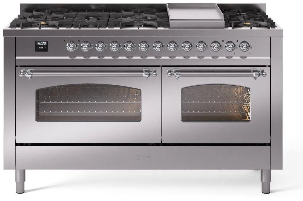 Ilve UP60FNMPSSC Nostalgie Ii 60 Inch Dual Fuel Natural Gas Freestanding Range In Stainless Steel With Chrome Trim