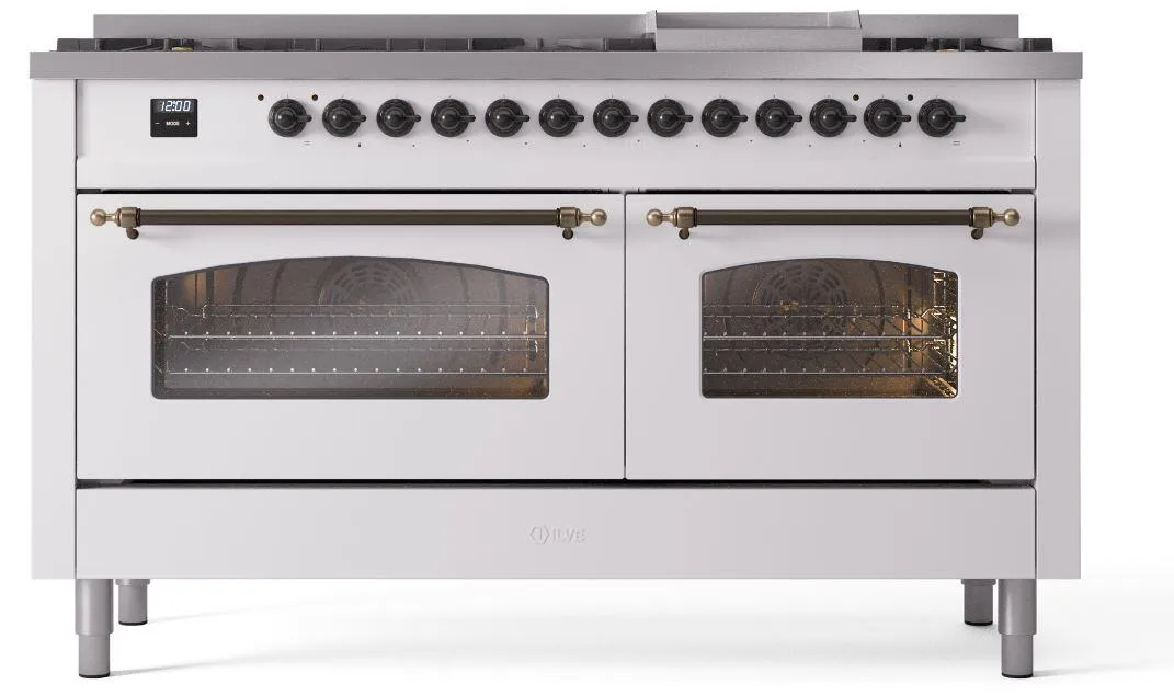 Ilve UP60FNMPWHBLP Nostalgie Ii 60 Inch Dual Fuel Liquid Propane Freestanding Range In White With Bronze Trim