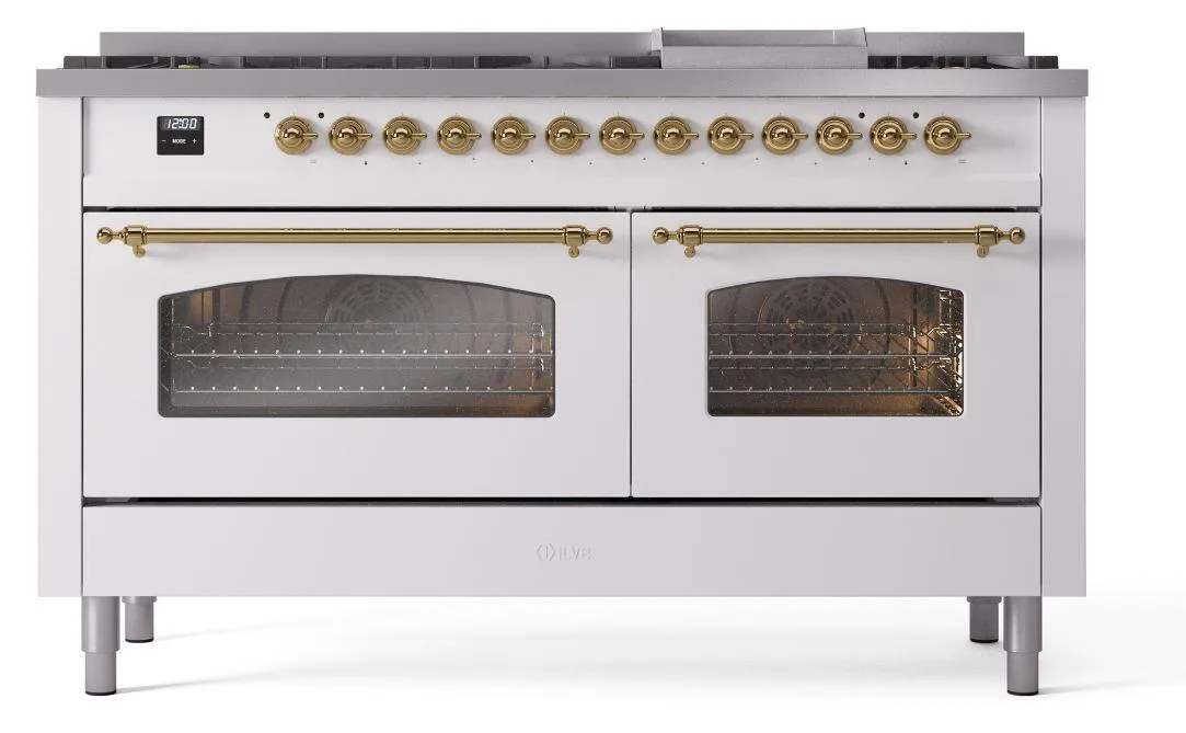 Ilve UP60FNMPWHG Nostalgie Ii 60 Inch Dual Fuel Natural Gas Freestanding Range In White With Brass Trim
