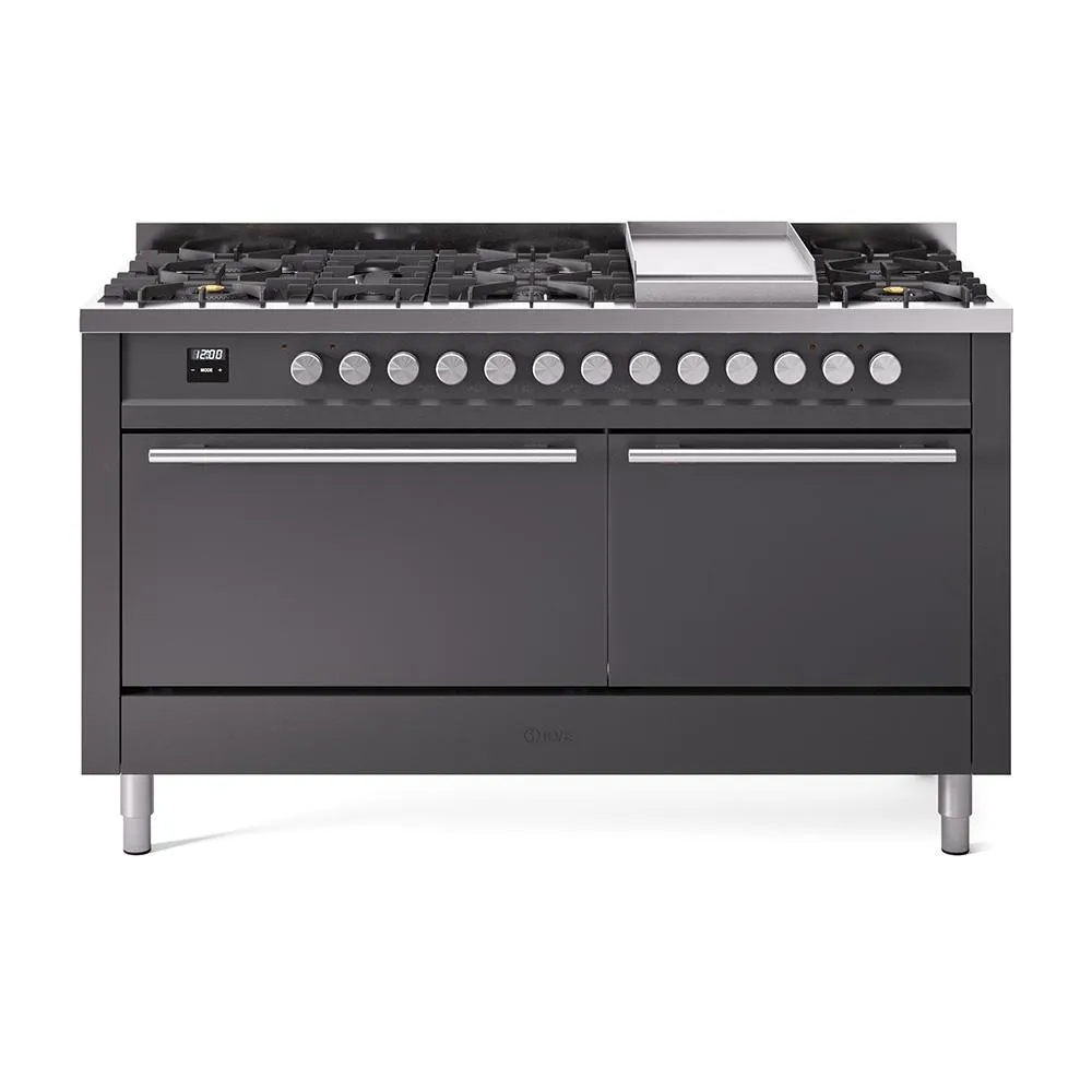 Ilve UP60FQMPMGLP Ilve Professional Plus Ii 60 Up60Fqmpmg Freestanding Dual Fuel Range With 9 Sealed Burners Double Oven With Solid Door In Graphite Matte With Stainless Steel Knobs