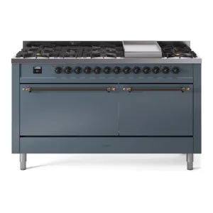 Ilve UP60FQNMPBGB Nostalgie Ii 60 Inch Dual Fuel Natural Gas Freestanding Range In Blue Grey With Bronze Trim