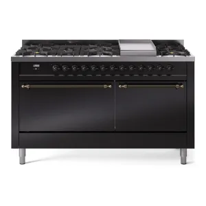 Ilve UP60FQNMPBKB Nostalgie Ii 60 Inch Dual Fuel Natural Gas Freestanding Range In Glossy Black With Bronze Trim