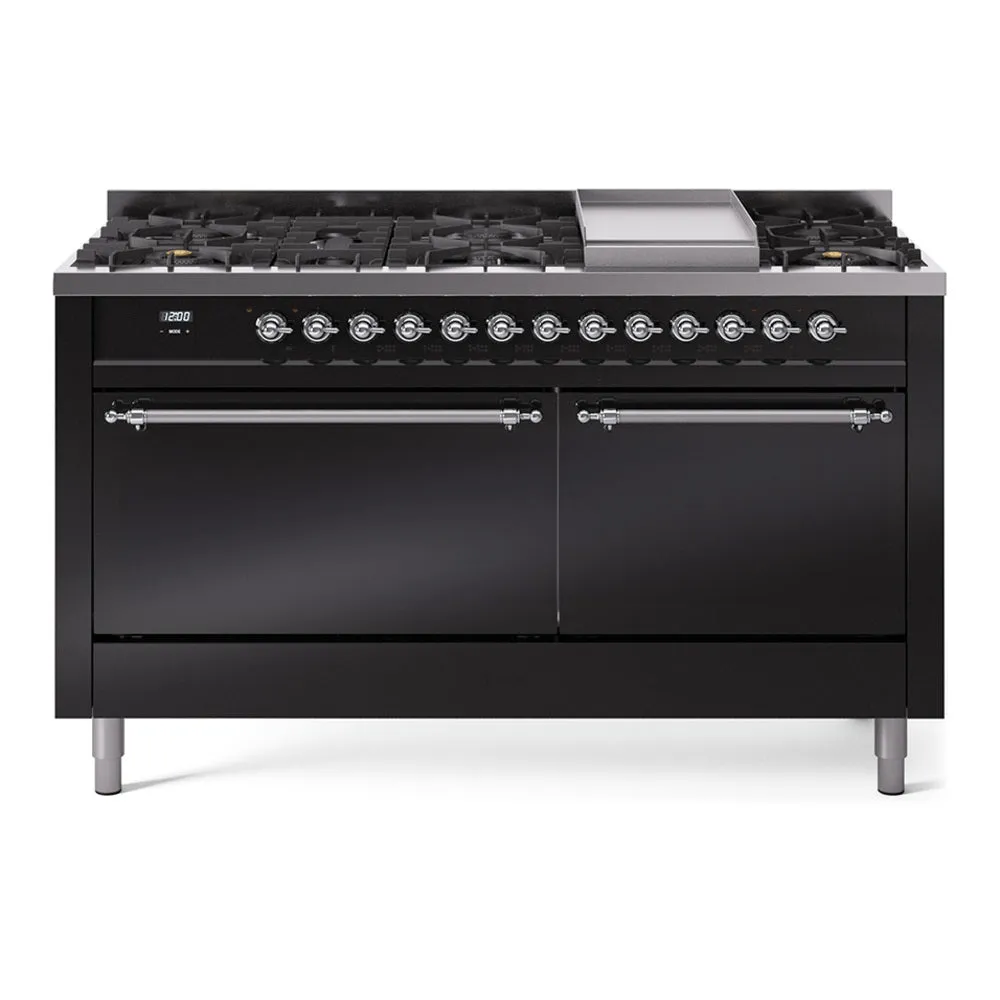 Ilve UP60FQNMPBKC Nostalgie Ii 60 Inch Dual Fuel Natural Gas Freestanding Range In Glossy Black With Chrome Trim