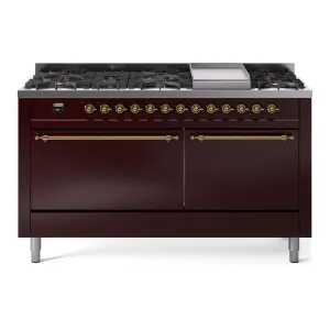 Ilve UP60FQNMPBUGLP Nostalgie Ii 60 Inch Dual Fuel Liquid Propane Freestanding Range In Burgundy With Brass Trim