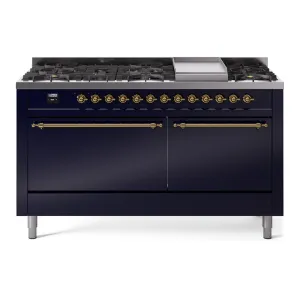 Ilve UP60FQNMPMBGLP Nostalgie Ii 60 Inch Dual Fuel Liquid Propane Freestanding Range In Blue With Brass Trim