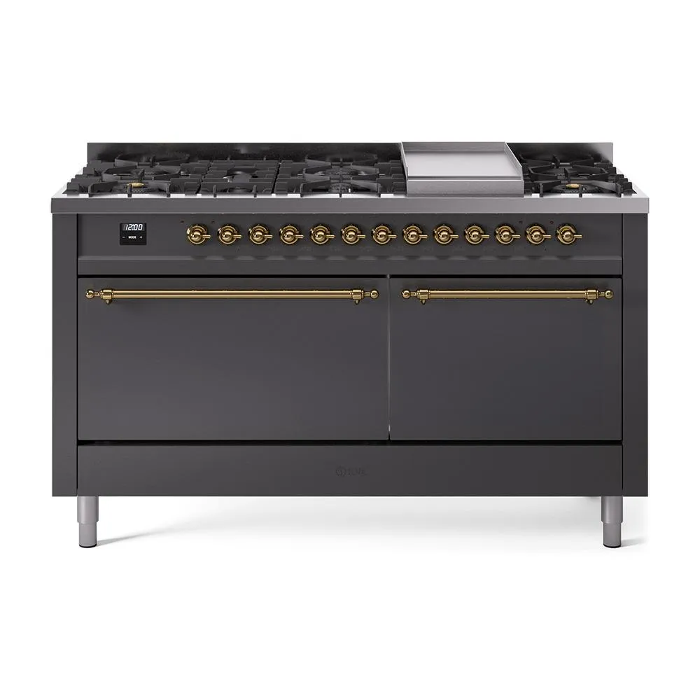 Ilve UP60FQNMPMGGLP Ilve Nostalgie Ii 60 Up60Fqnmpmgg Freestanding Dual Fuel Range With 9 Sealed Burners Double Oven With Solid Door In Graphite Matte With Brass Knobs