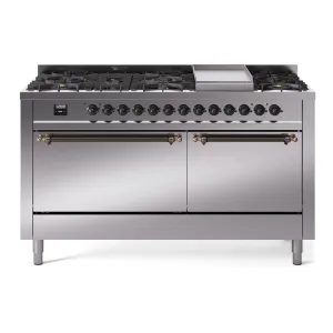 Ilve UP60FQNMPSSBLP Nostalgie Ii 60 Inch Dual Fuel Liquid Propane Freestanding Range In Stainless Steel With Bronze Trim