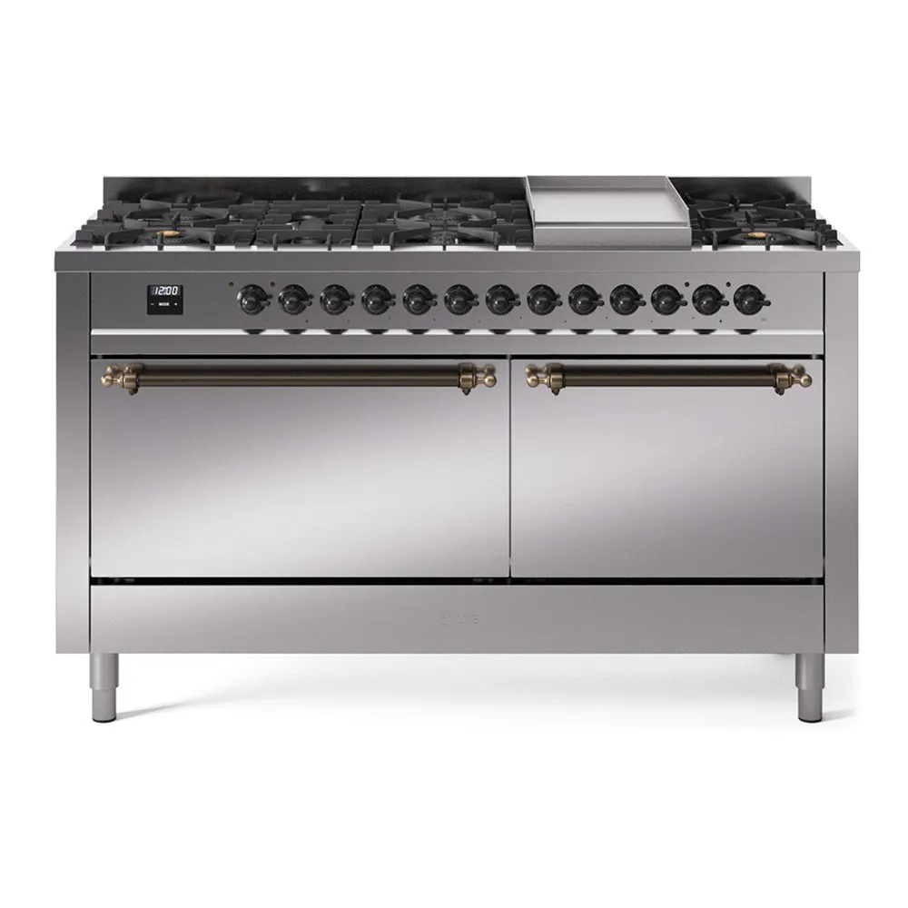 Ilve UP60FQNMPSSBLP Nostalgie Ii 60 Inch Dual Fuel Liquid Propane Freestanding Range In Stainless Steel With Bronze Trim