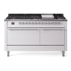 Ilve UP60FQNMPWHCLP Nostalgie Ii 60 Inch Dual Fuel Liquid Propane Freestanding Range In White With Chrome Trim
