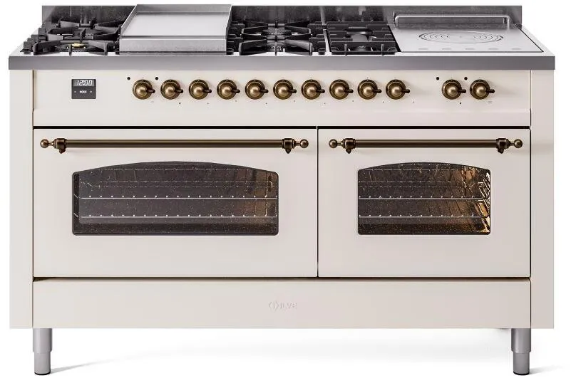 Ilve UP60FSNMPAWB Nostalgie Ii 60 Inch Dual Fuel Natural Gas Freestanding Range In Antique White With Bronze Trim