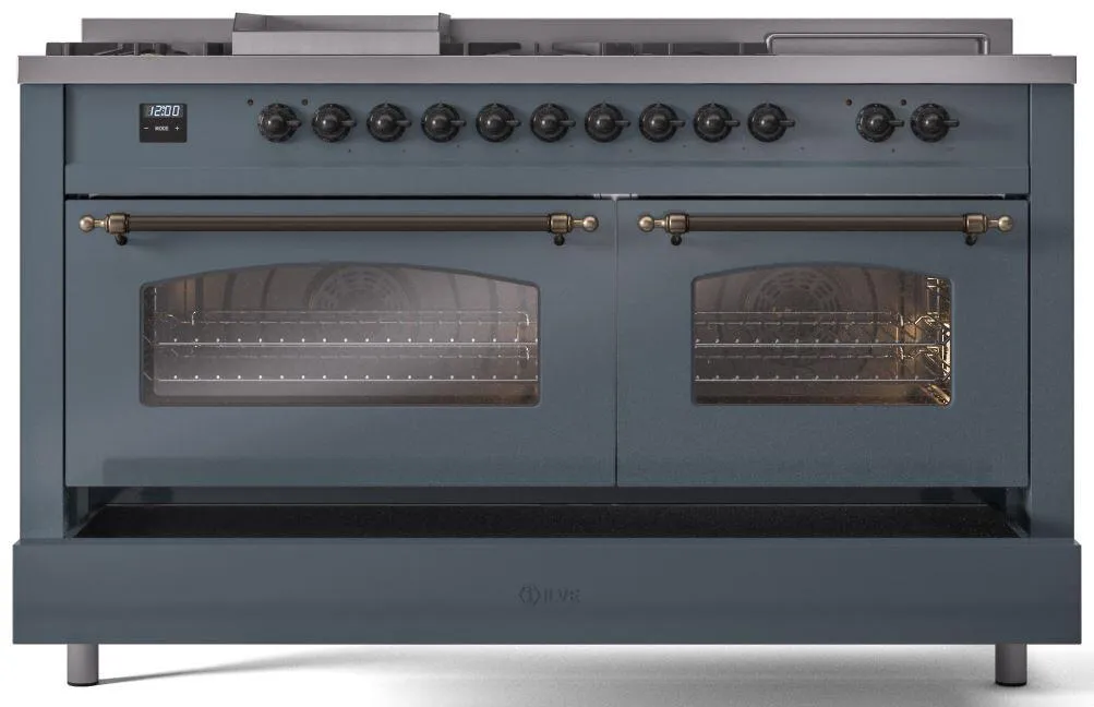 Ilve UP60FSNMPBGB Nostalgie Ii 60 Inch Dual Fuel Natural Gas Freestanding Range In Blue Grey With Bronze Trim