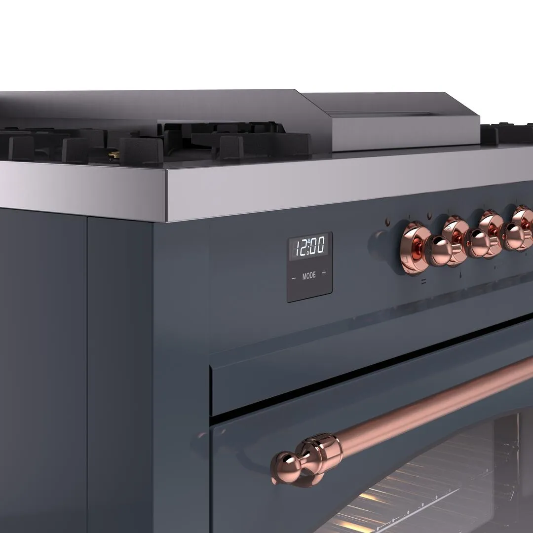 Ilve UP60FSNMPBGP Nostalgie Ii 60 Inch Dual Fuel Natural Gas Freestanding Range In Blue Grey With Copper Trim