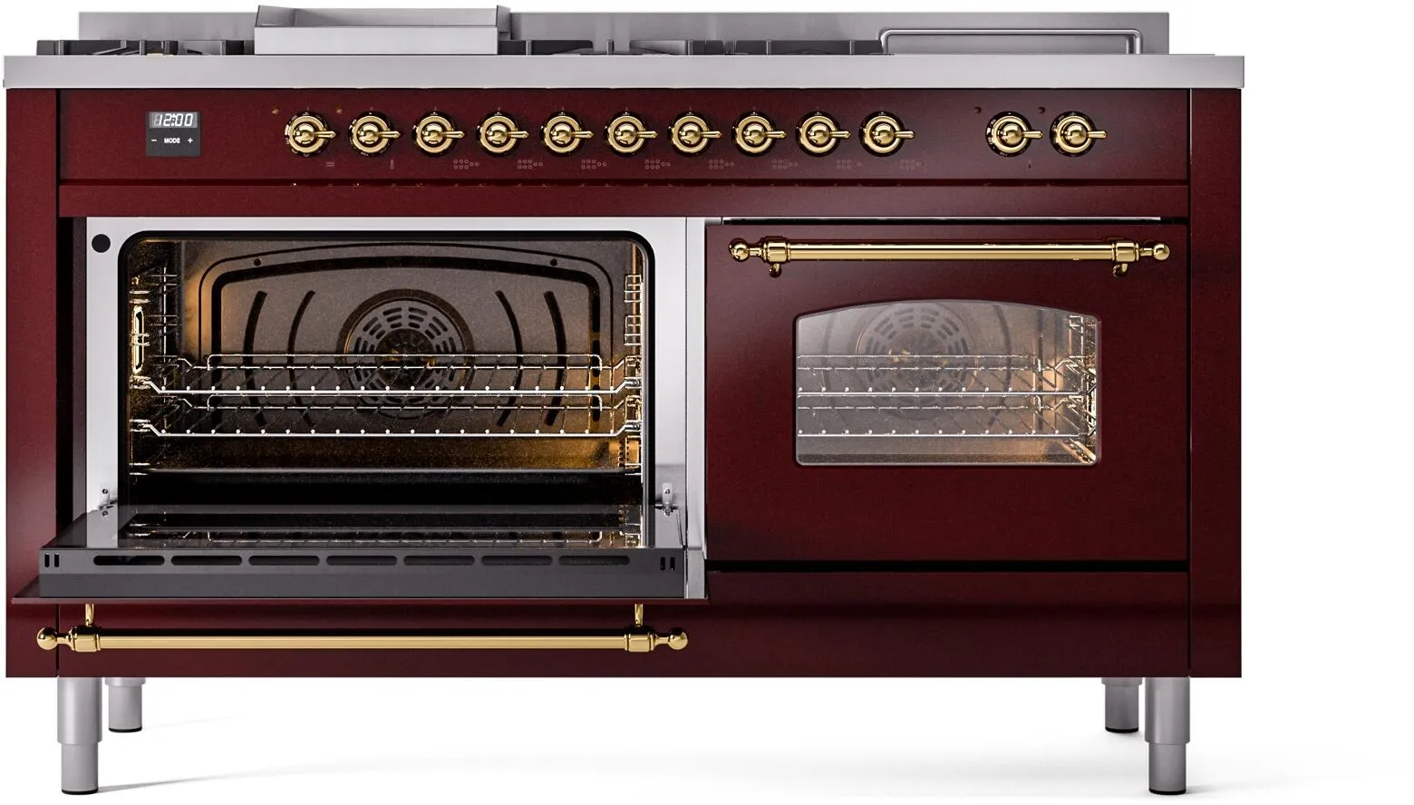 Ilve UP60FSNMPBUG Nostalgie Ii 60 Inch Dual Fuel Natural Gas Freestanding Range In Burgundy With Brass Trim