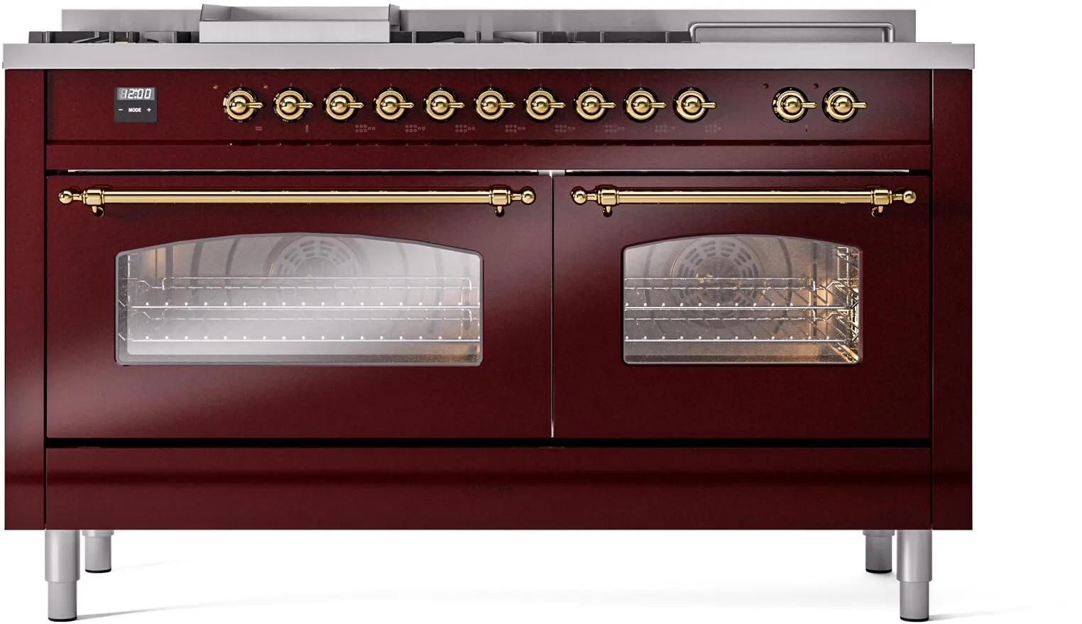Ilve UP60FSNMPBUG Nostalgie Ii 60 Inch Dual Fuel Natural Gas Freestanding Range In Burgundy With Brass Trim