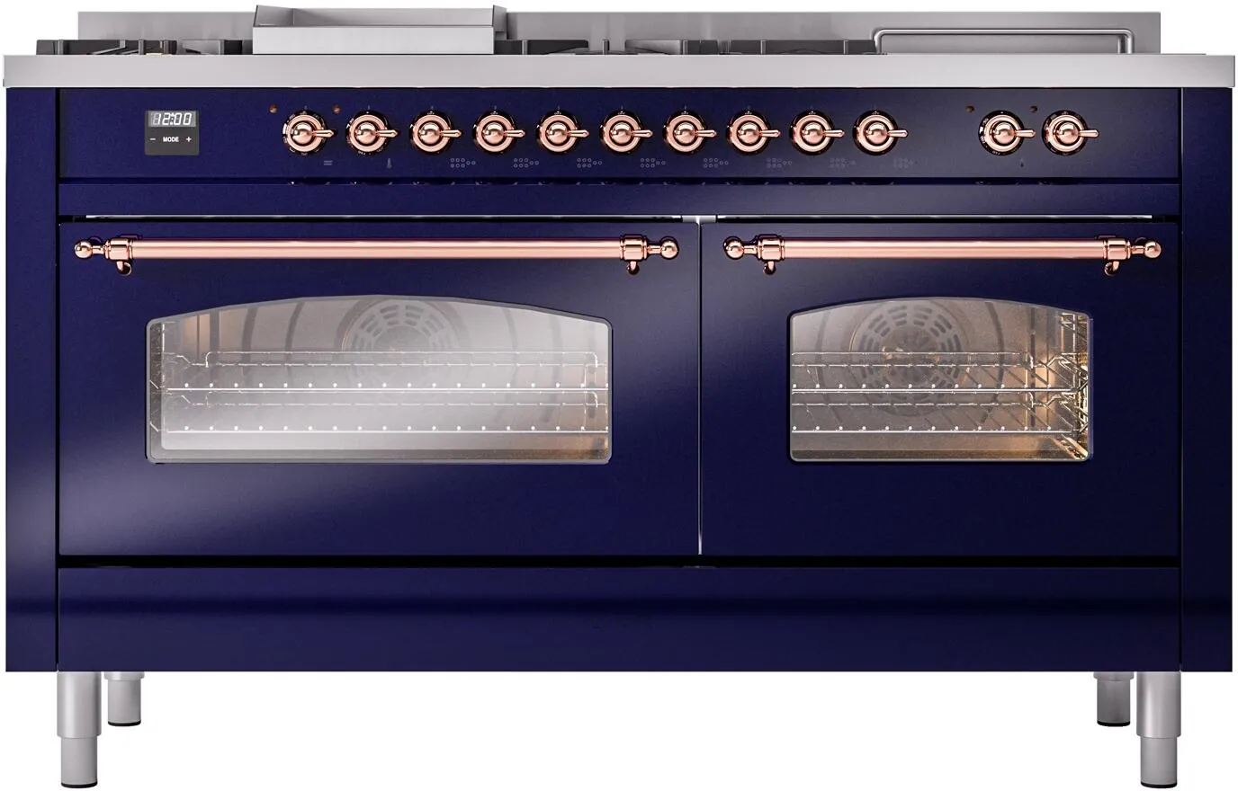 Ilve UP60FSNMPMBPLP Nostalgie Ii 60 Inch Dual Fuel Liquid Propane Freestanding Range In Blue With Copper Trim