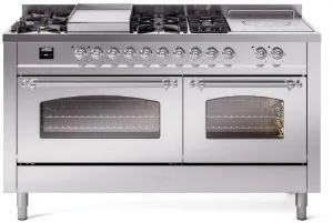 Ilve UP60FSNMPSSCLP Nostalgie Ii 60 Inch Dual Fuel Liquid Propane Freestanding Range In Stainless Steel With Chrome Trim