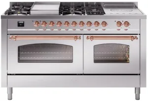 Ilve UP60FSNMPSSPLP Nostalgie Ii 60 Inch Dual Fuel Liquid Propane Freestanding Range In Stainless Steel With Copper Trim