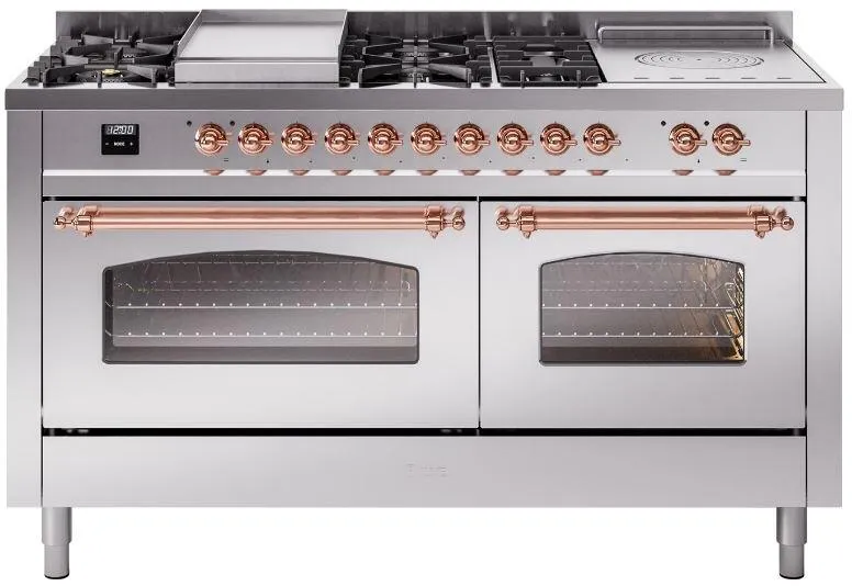 Ilve UP60FSNMPSSPLP Nostalgie Ii 60 Inch Dual Fuel Liquid Propane Freestanding Range In Stainless Steel With Copper Trim
