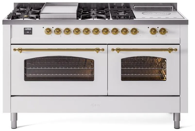 Ilve UP60FSNMPWHGLP Nostalgie Ii 60 Inch Dual Fuel Liquid Propane Freestanding Range In White With Brass Trim