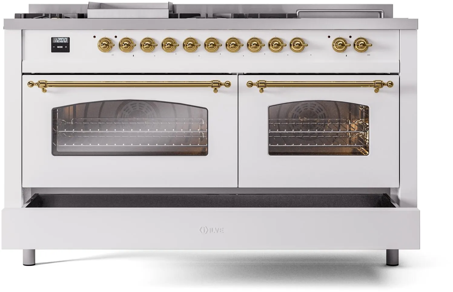 Ilve UP60FSNMPWHGLP Nostalgie Ii 60 Inch Dual Fuel Liquid Propane Freestanding Range In White With Brass Trim