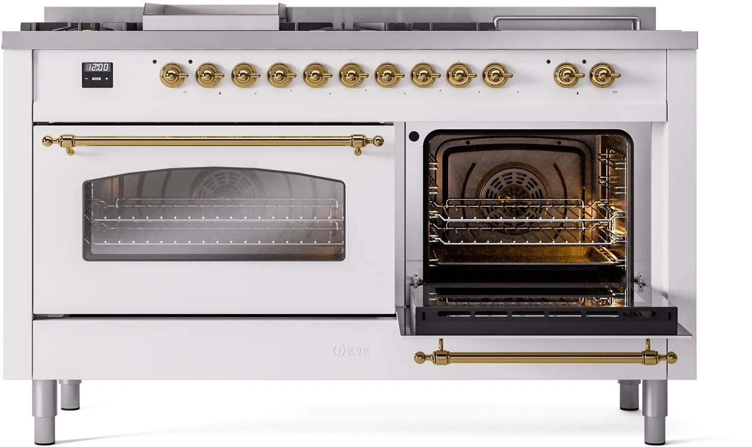 Ilve UP60FSNMPWHGLP Nostalgie Ii 60 Inch Dual Fuel Liquid Propane Freestanding Range In White With Brass Trim