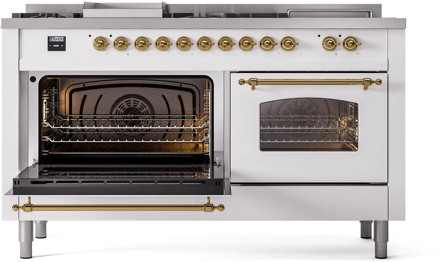 Ilve UP60FSNMPWHGLP Nostalgie Ii 60 Inch Dual Fuel Liquid Propane Freestanding Range In White With Brass Trim