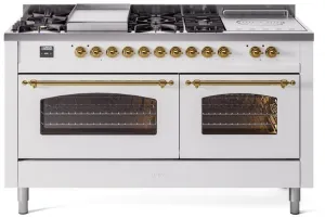 Ilve UP60FSNMPWHGLP Nostalgie Ii 60 Inch Dual Fuel Liquid Propane Freestanding Range In White With Brass Trim
