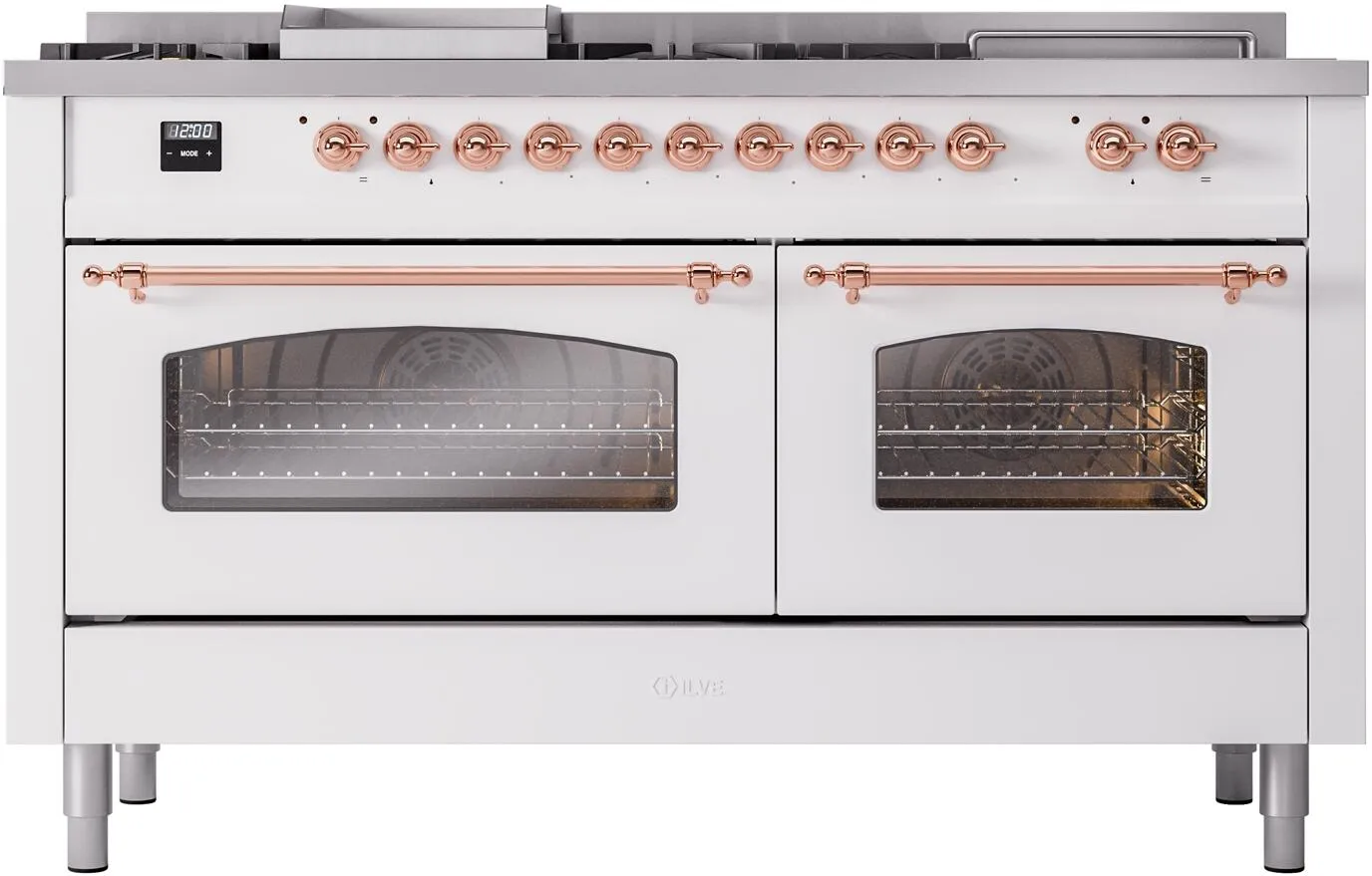Ilve UP60FSNMPWHPLP Nostalgie Ii 60 Inch Dual Fuel Liquid Propane Freestanding Range In White With Copper Trim