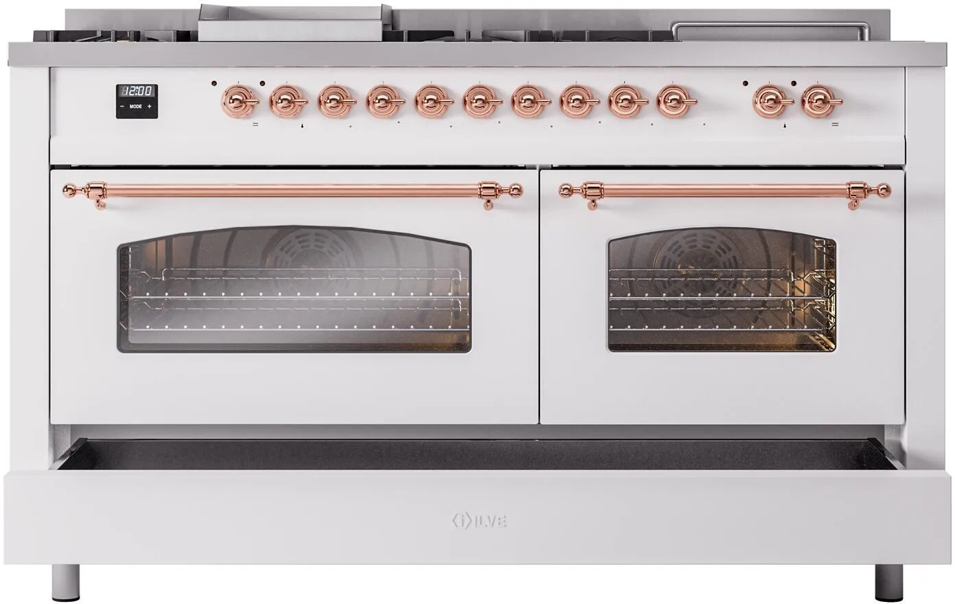 Ilve UP60FSNMPWHPLP Nostalgie Ii 60 Inch Dual Fuel Liquid Propane Freestanding Range In White With Copper Trim
