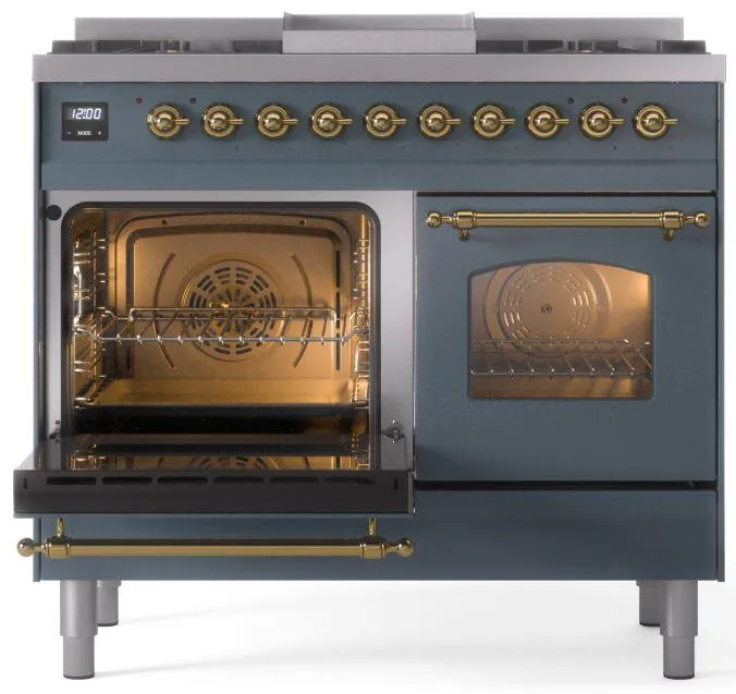 Ilve UPD40FNMPBGGLP Nostalgie Ii 40 Inch Dual Fuel Liquid Propane Freestanding Range In Blue Grey With Brass Trim