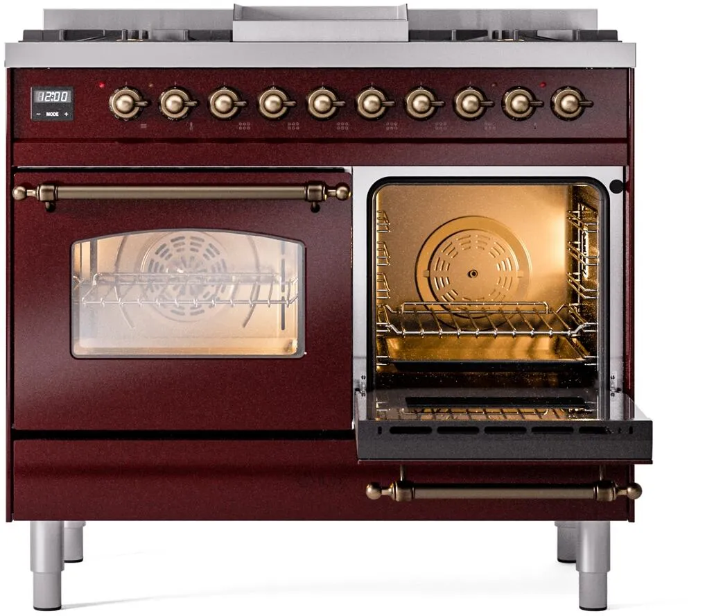 Ilve UPD40FNMPBUB Nostalgie Ii 40 Inch Dual Fuel Natural Gas Freestanding Range In Burgundy With Bronze Trim