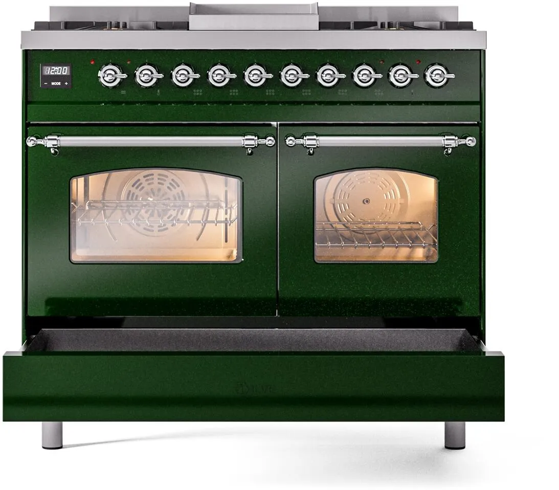 Ilve UPD40FNMPEGC Nostalgie Ii 40 Inch Dual Fuel Natural Gas Freestanding Range In Emerald Green With Chrome Trim