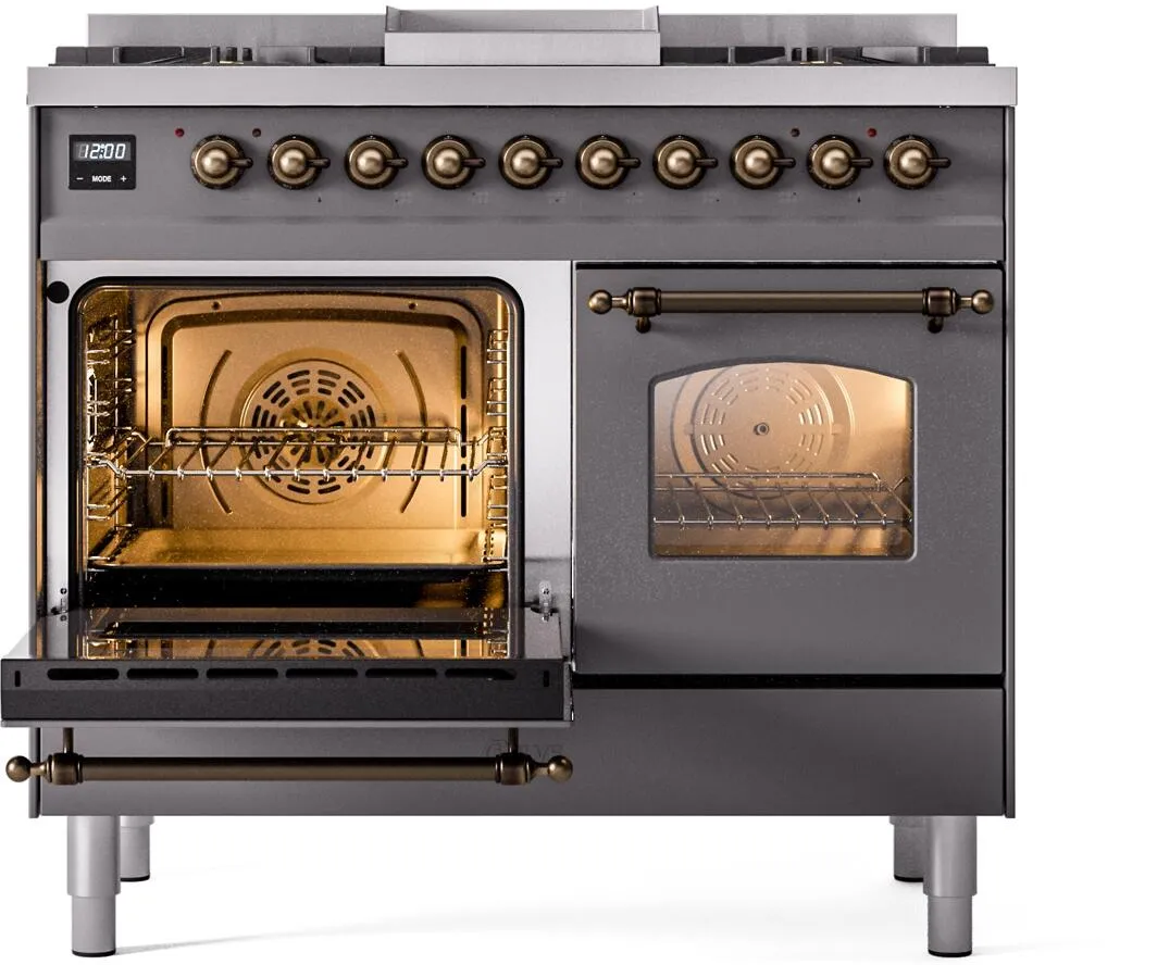 Ilve UPD40FNMPMGBLP Nostalgie Ii 40 Inch Dual Fuel Liquid Propane Freestanding Range In Matte Graphite With Bronze Trim