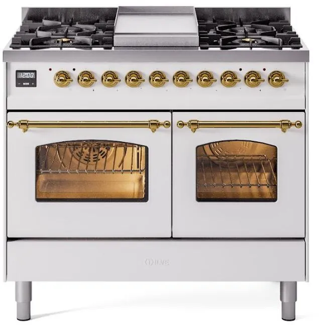 Ilve UPD40FNMPWHG Nostalgie Ii 40 Inch Dual Fuel Natural Gas Freestanding Range In White With Brass Trim