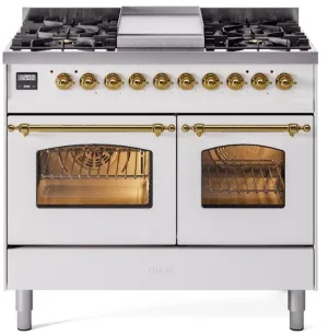 Ilve UPD40FNMPWHGLP Nostalgie Ii 40 Inch Dual Fuel Liquid Propane Freestanding Range In White With Brass Trim