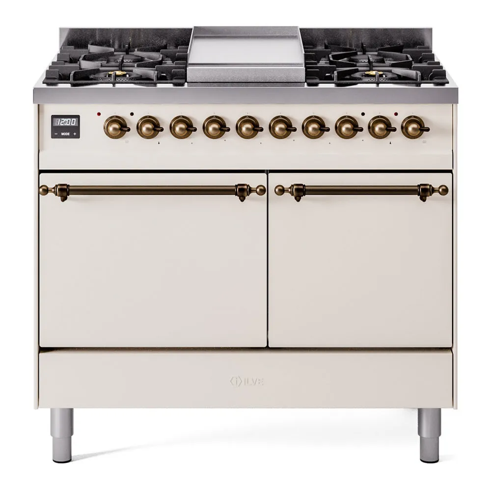Ilve UPD40FQNMPAWB Nostalgie Ii 40 Inch Dual Fuel Natural Gas Freestanding Range In Antique White With Bronze Trim