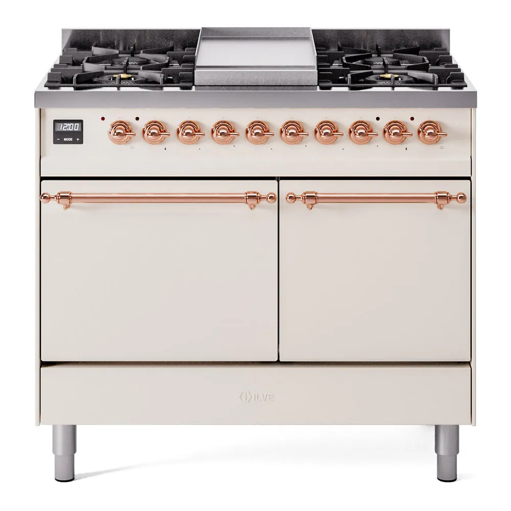 Ilve UPD40FQNMPAWPLP Nostalgie Ii 40 Inch Dual Fuel Liquid Propane Freestanding Range In Antique White With Copper Trim